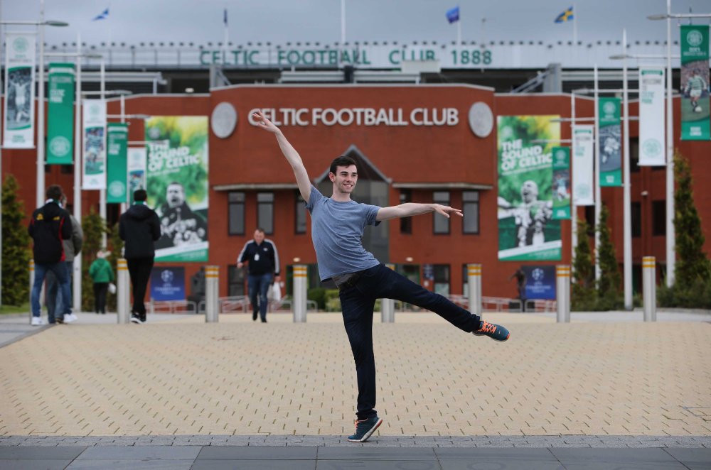 Jamie Reid at Celtic Park. He is the newest recruit at Scottish Ballet. He grew up and lives in the East End and is a big Celtic fan. He has said joining Scottish Ballet was like being signed for them. He’s 19 and has a bit of a Billy Elliot story, didn’t tell his friends at school he was taking ballet classes and even when he went to the Conservatoire to study for three years, told his pals he was doing sound and light engineering rather than ballet. Photograph by Martin Shields Herald & Times Ltd